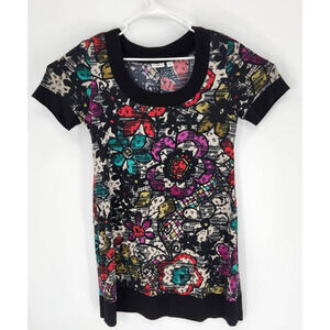Cato Womens T Shirt Dress Black Mini Floral Stretch Scoop Neck Short Sleeve L